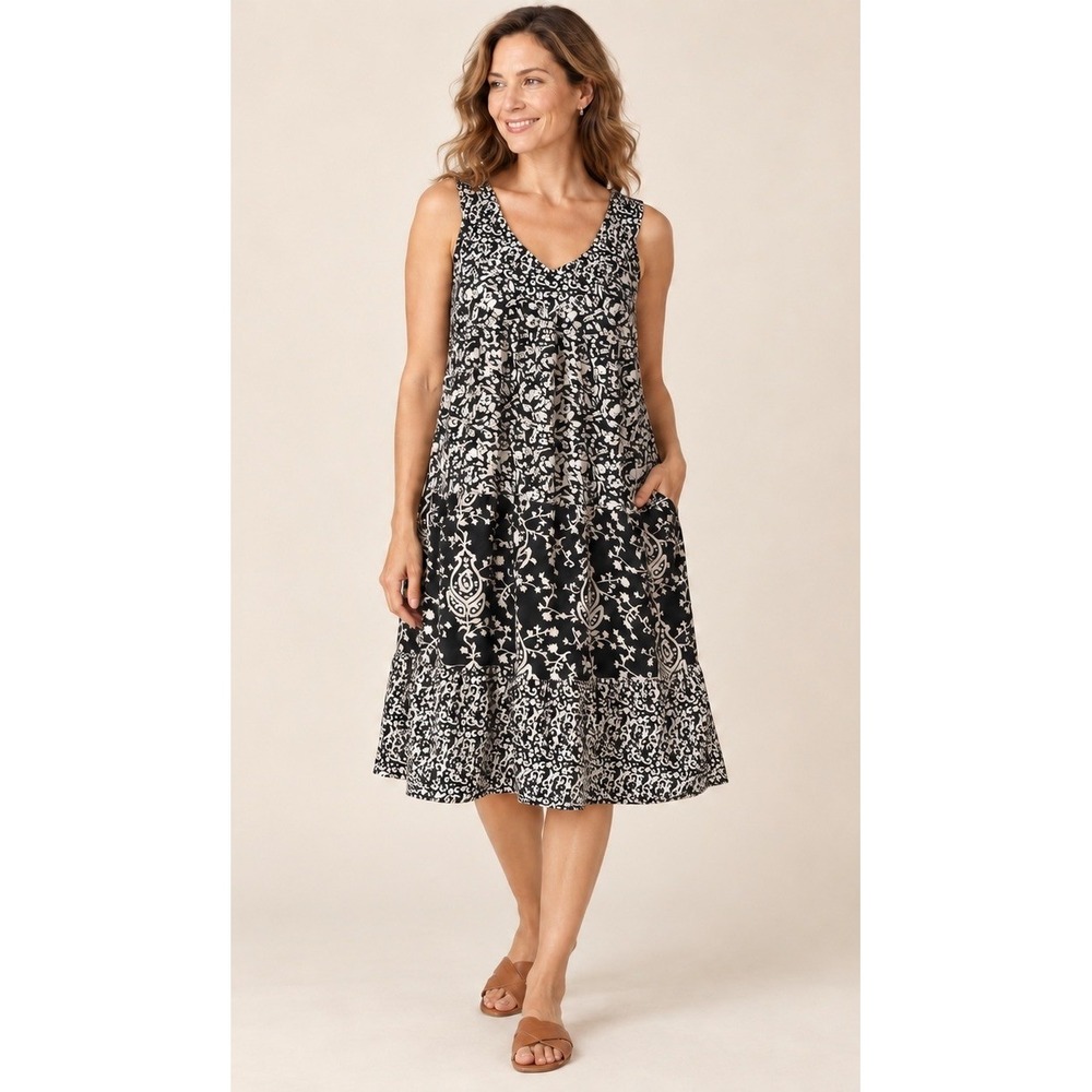 The Vermont Country Store Midi Dress Women Small Black White Cotton Boho
